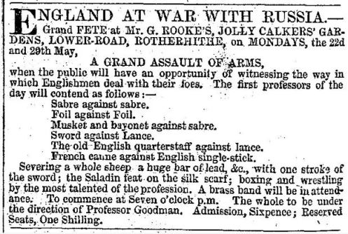 Announcement for a Grand Assault of Arms involving the "Old English quarterstaff," published in the Era, May 21, 1854